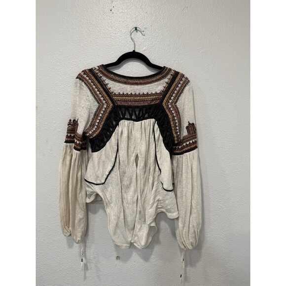 Free People Embroidered Bell Sleeve Slit Back Snow Kisses Size Medium Beige - Picture 2 of 6